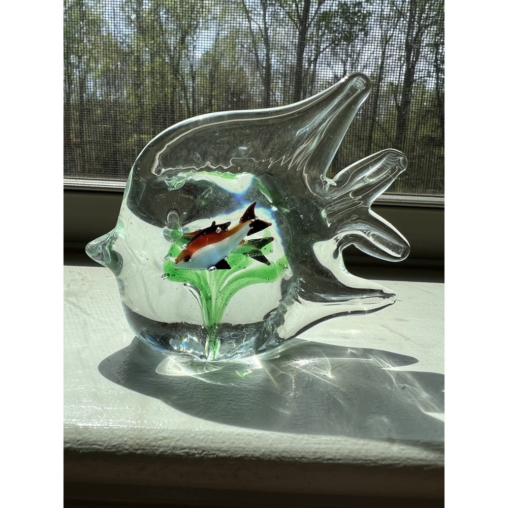 Art Glass Angelfish Paperweight  With Blue And Red Fish Inside With Green Grass
